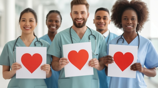 a group of people holding up a sign with a heart